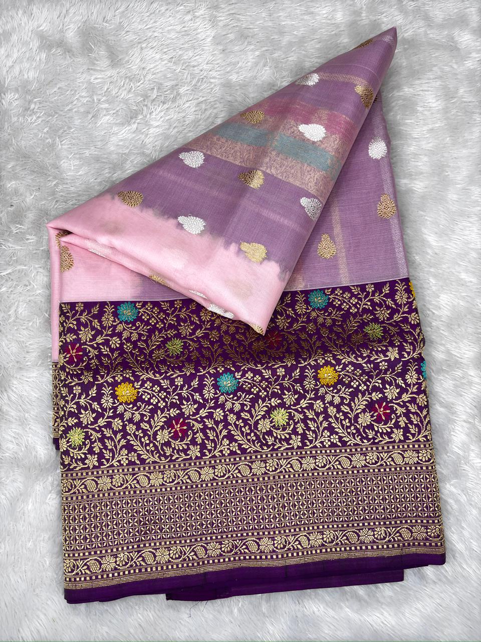 Lavender Blush & Royal Purple Ombre Kora Kadhua Handloom Saree with Multicolor Zari Jaal