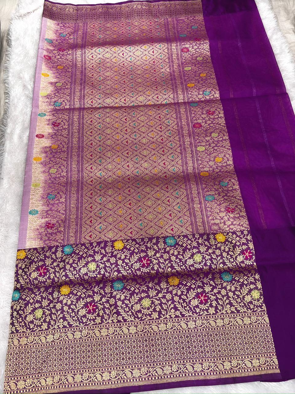 Lavender Blush & Royal Purple Ombre Kora Kadhua Handloom Saree with Multicolor Zari Jaal