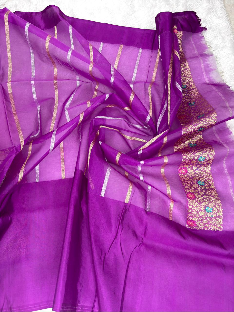 Lavender Blush & Royal Purple Ombre Kora Kadhua Handloom Saree with Multicolor Zari Jaal