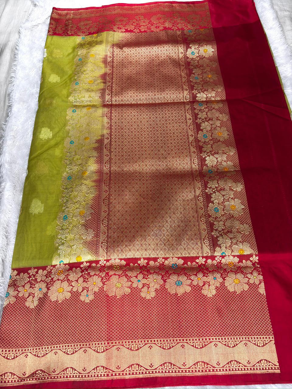 Olive Green & Crimson Red Kora Kadhua Handloom Saree with Classic Zari Border