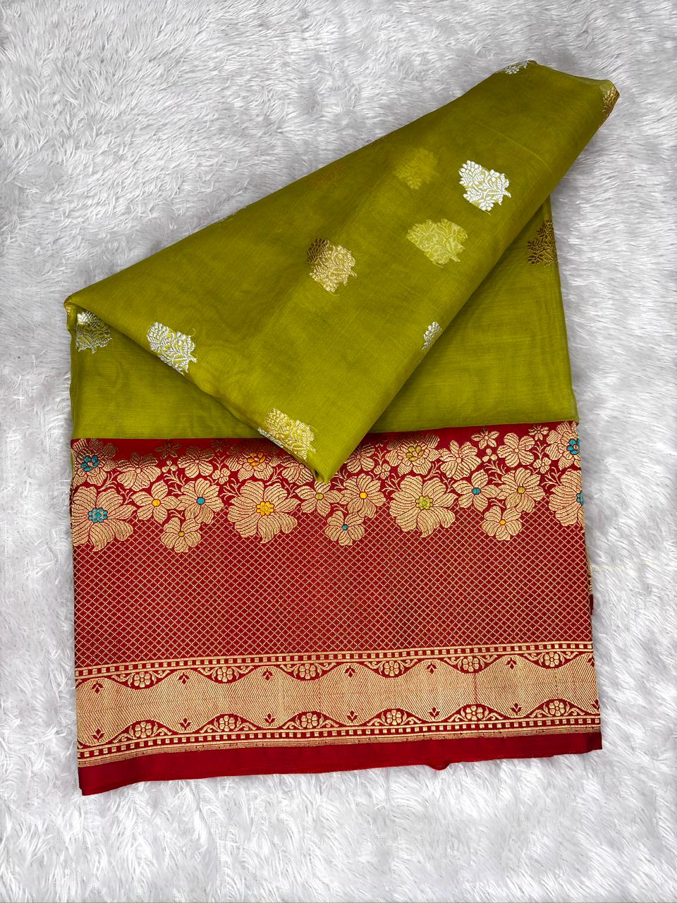 Olive Green & Crimson Red Kora Kadhua Handloom Saree with Classic Zari Border