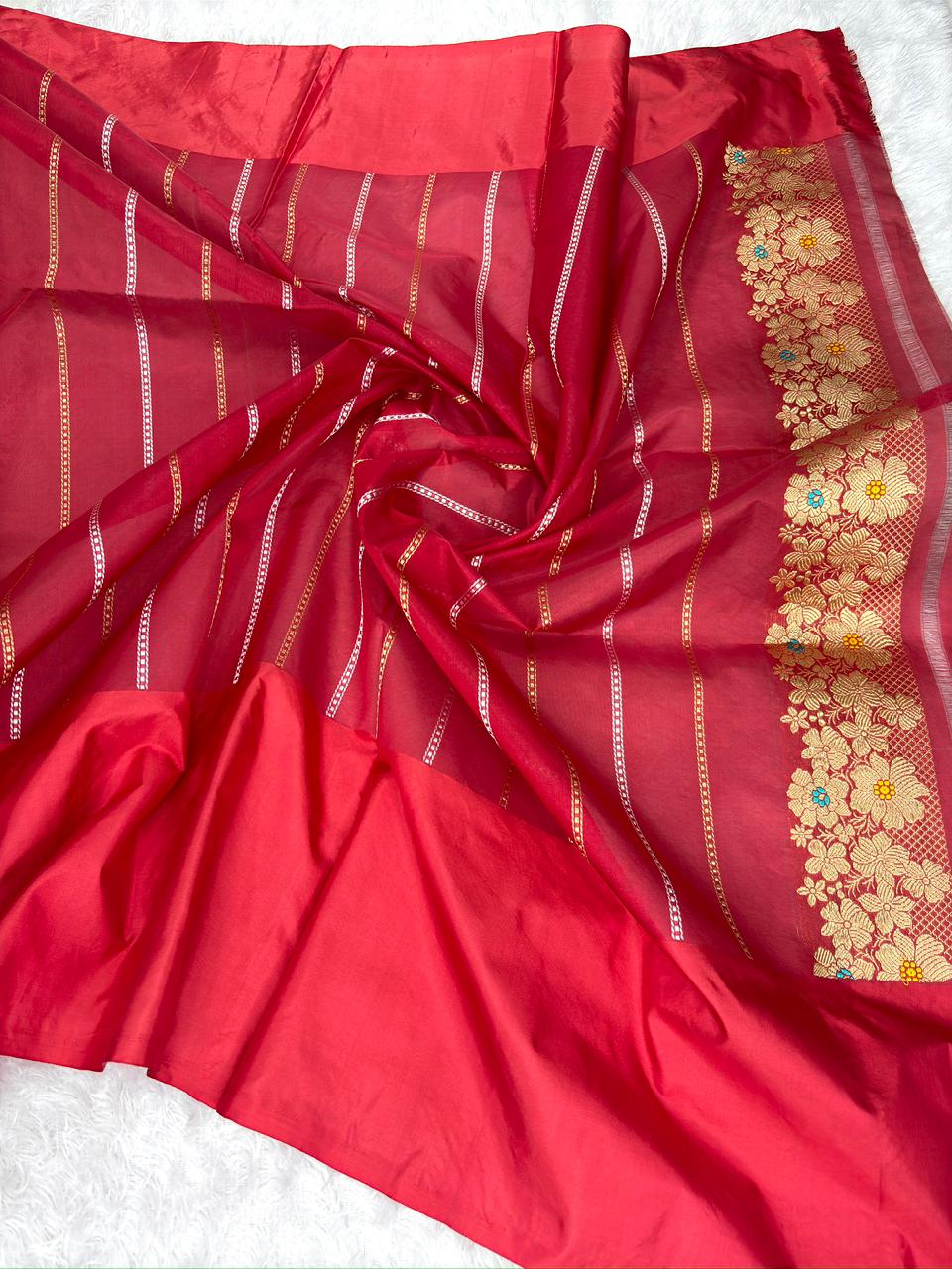 Olive Green & Crimson Red Kora Kadhua Handloom Saree with Classic Zari Border