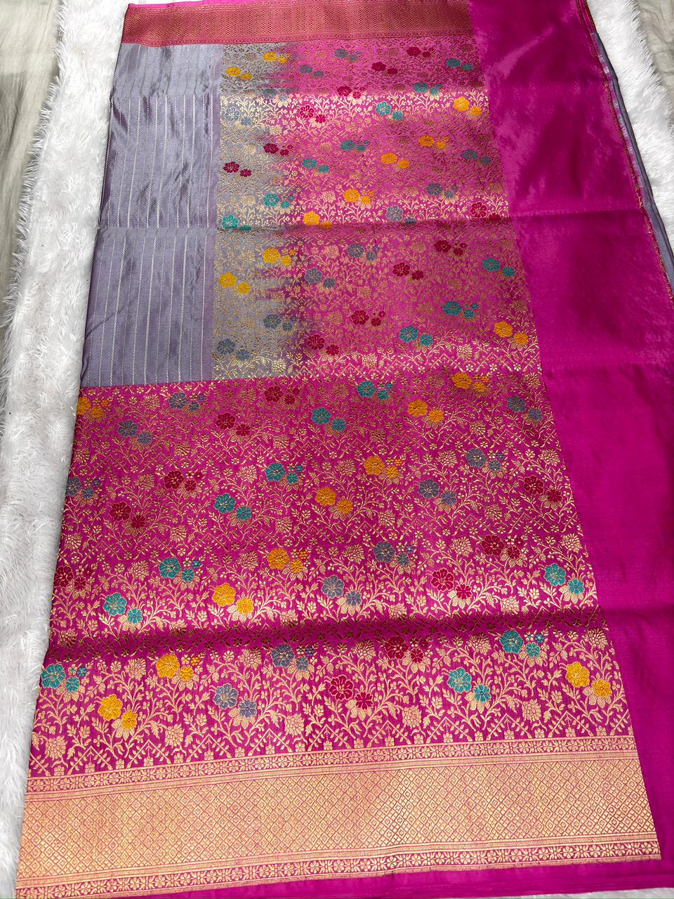 Smoky Grey & Rani Pink Kora Kadhua Handloom Saree with Multicolor Zari Jaal