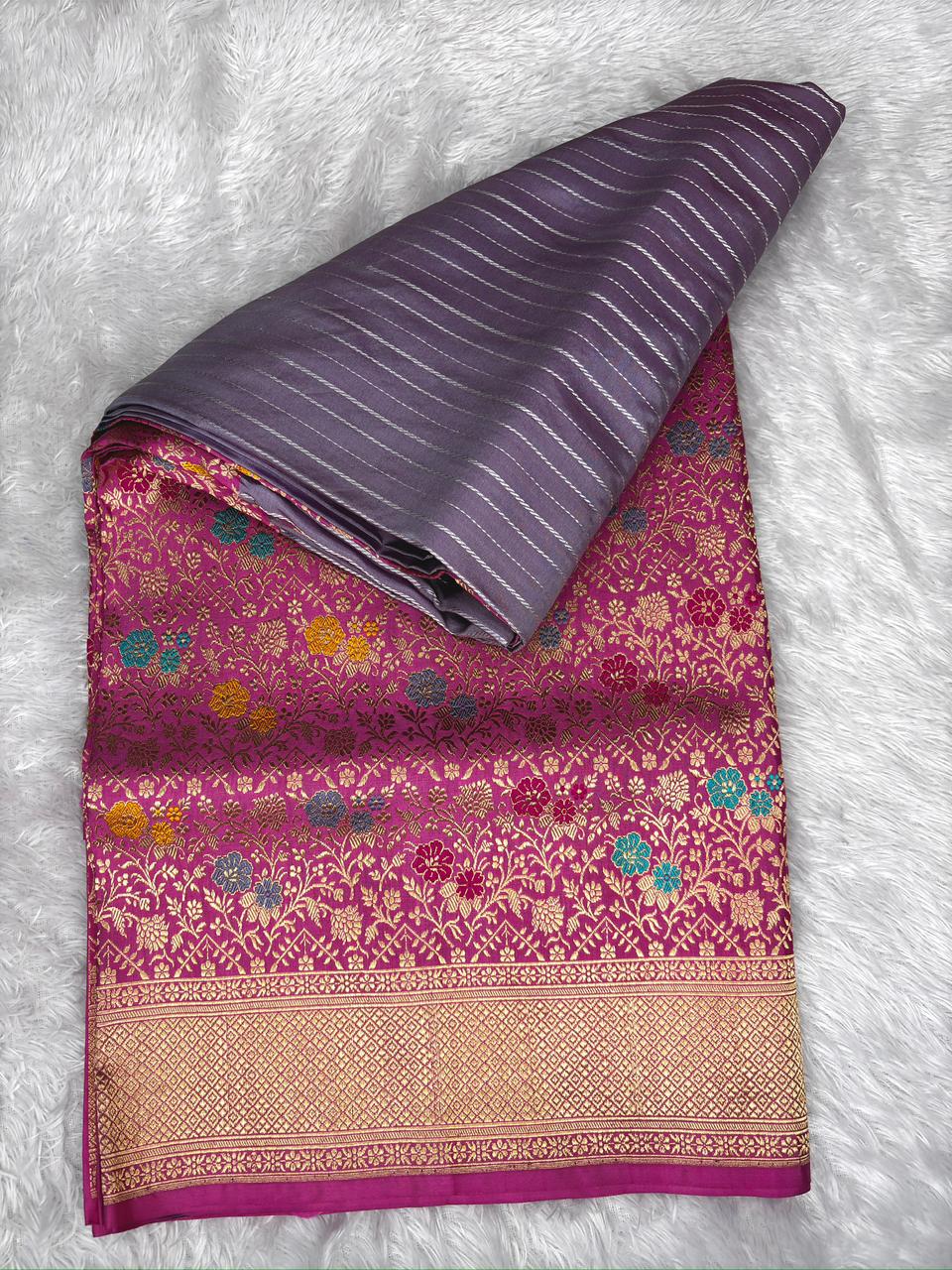 Smoky Grey & Rani Pink Kora Kadhua Handloom Saree with Multicolor Zari Jaal