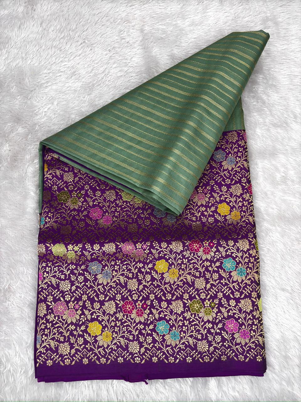 Mehendi Green & Royal Purple Kora Kadhua Handloom Saree with Multicolor Zari Jaal