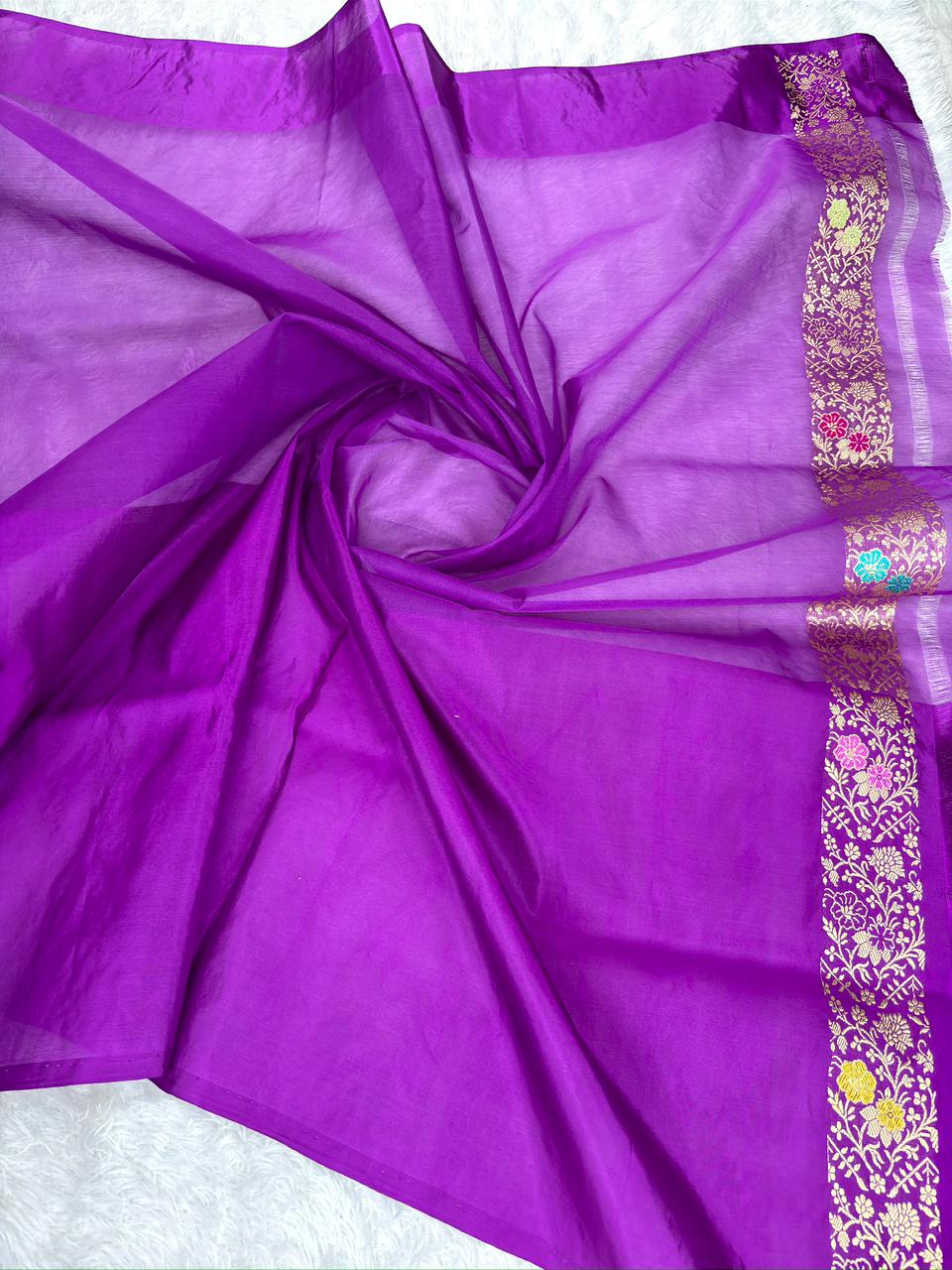 Mehendi Green & Royal Purple Kora Kadhua Handloom Saree with Multicolor Zari Jaal