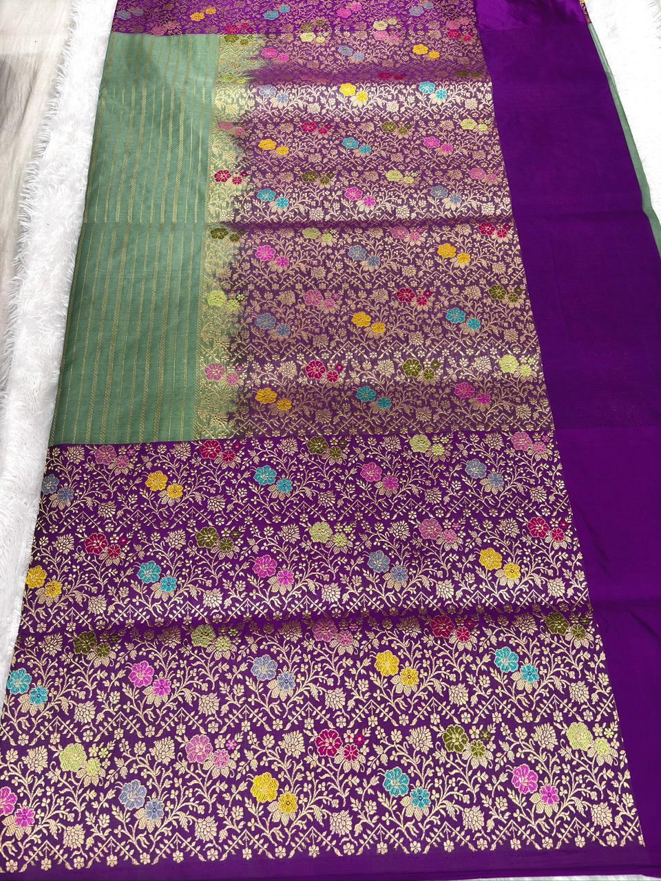 Mehendi Green & Royal Purple Kora Kadhua Handloom Saree with Multicolor Zari Jaal