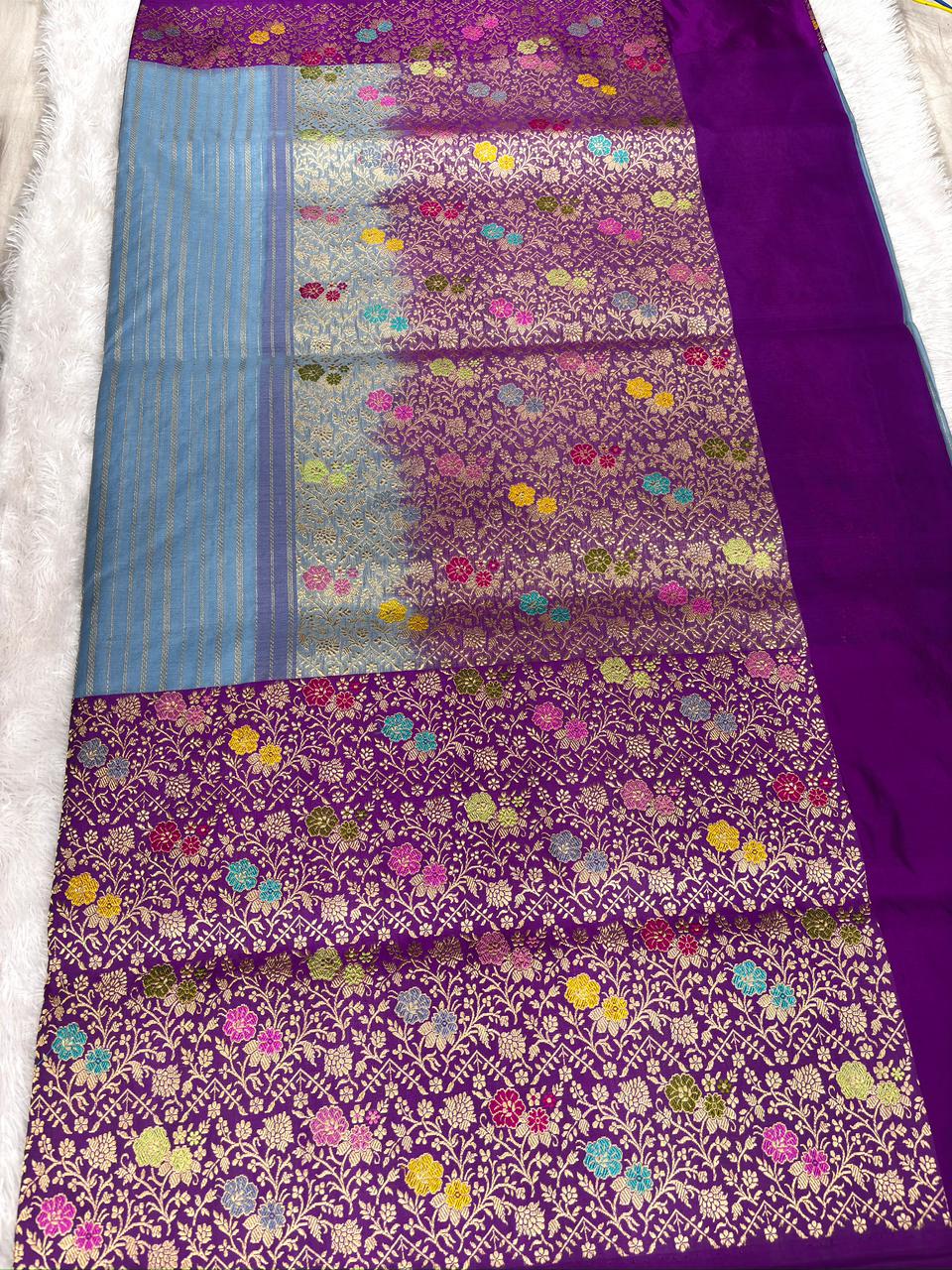 Powder Blue & Royal Purple Kora Kadhua Handloom Saree with Multicolor Zari Jaal