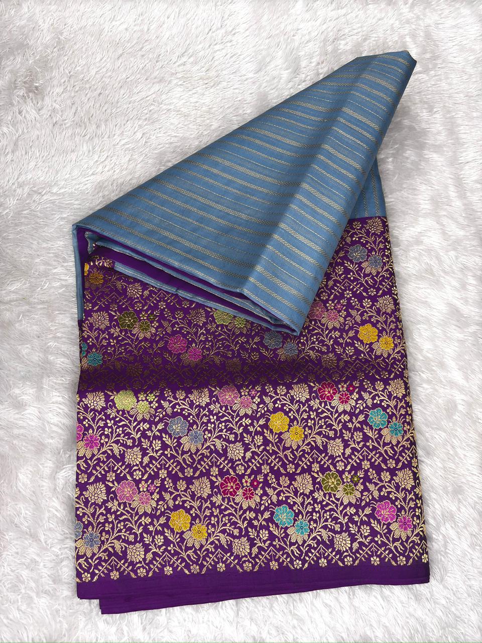 Powder Blue & Royal Purple Kora Kadhua Handloom Saree with Multicolor Zari Jaal