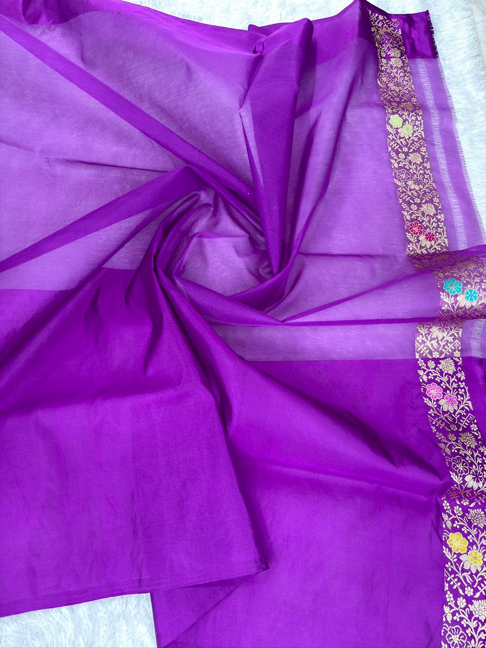 Powder Blue & Royal Purple Kora Kadhua Handloom Saree with Multicolor Zari Jaal