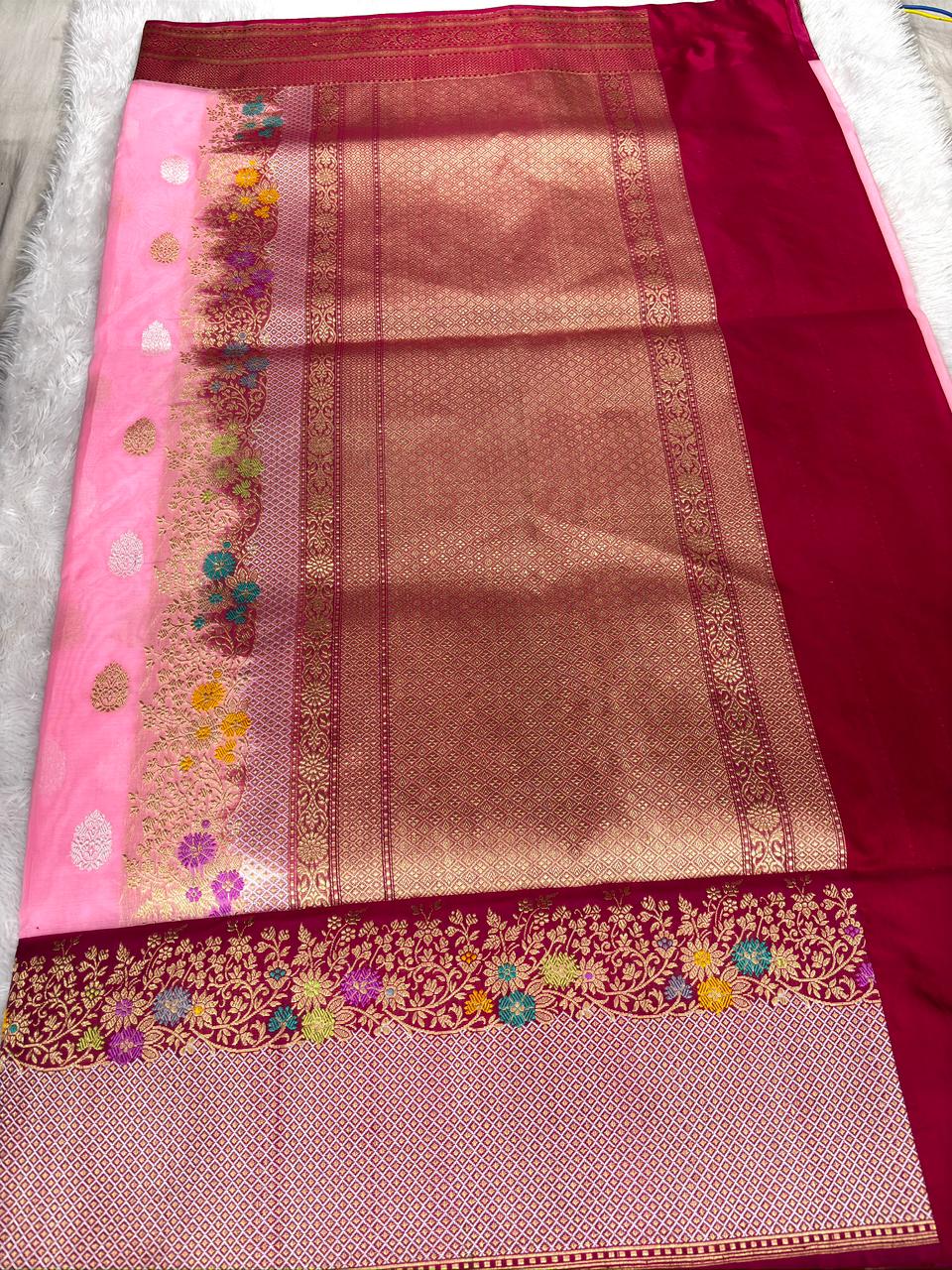 Blush Pink Kora Kadhua Handloom Saree with Regal Maroon Zari Border