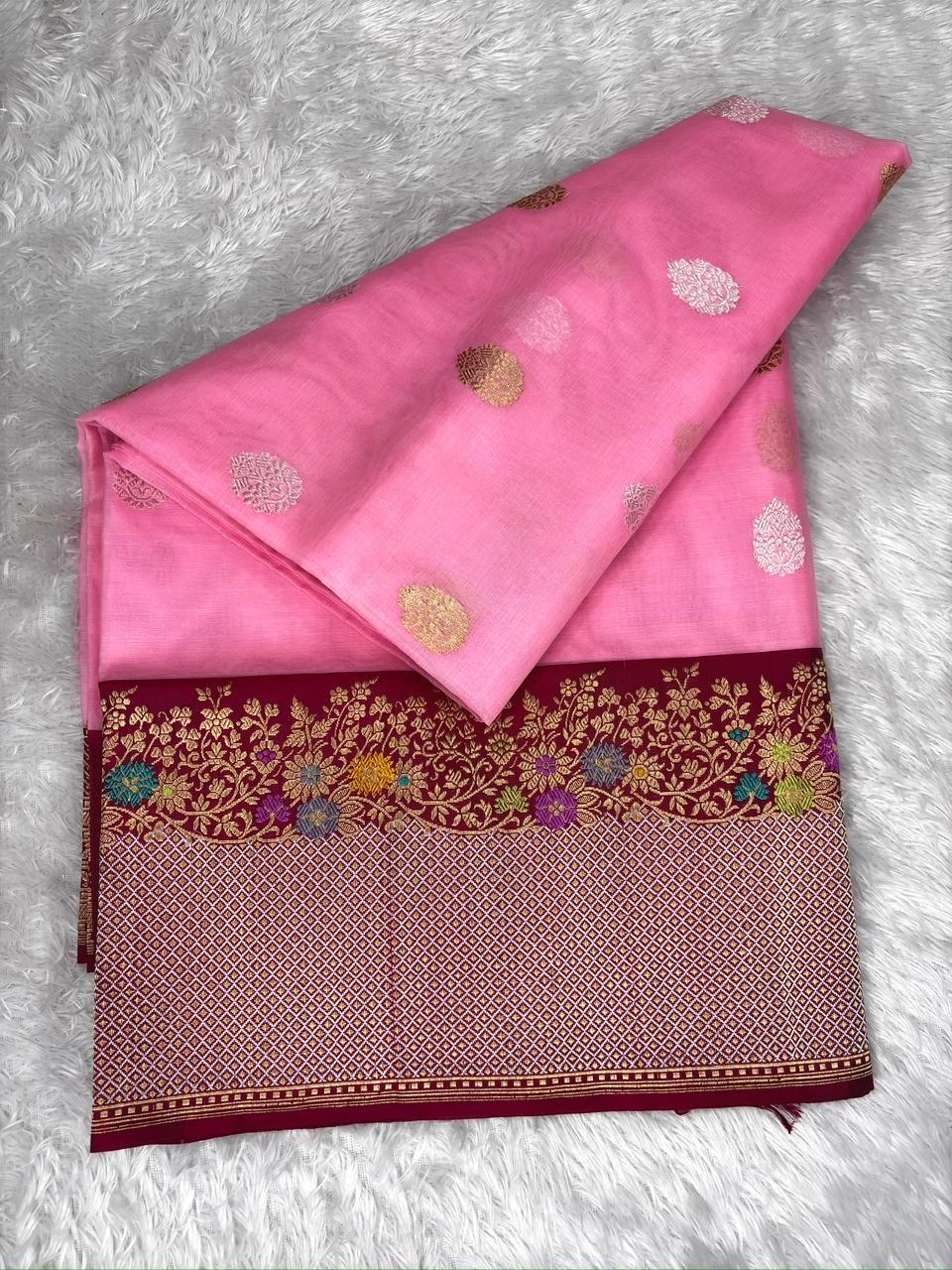 Blush Pink Kora Kadhua Handloom Saree with Regal Maroon Zari Border