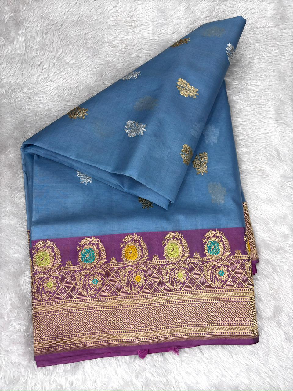 Steel Blue Kora Kadhua Handloom Saree with Royal Purple Zari Border