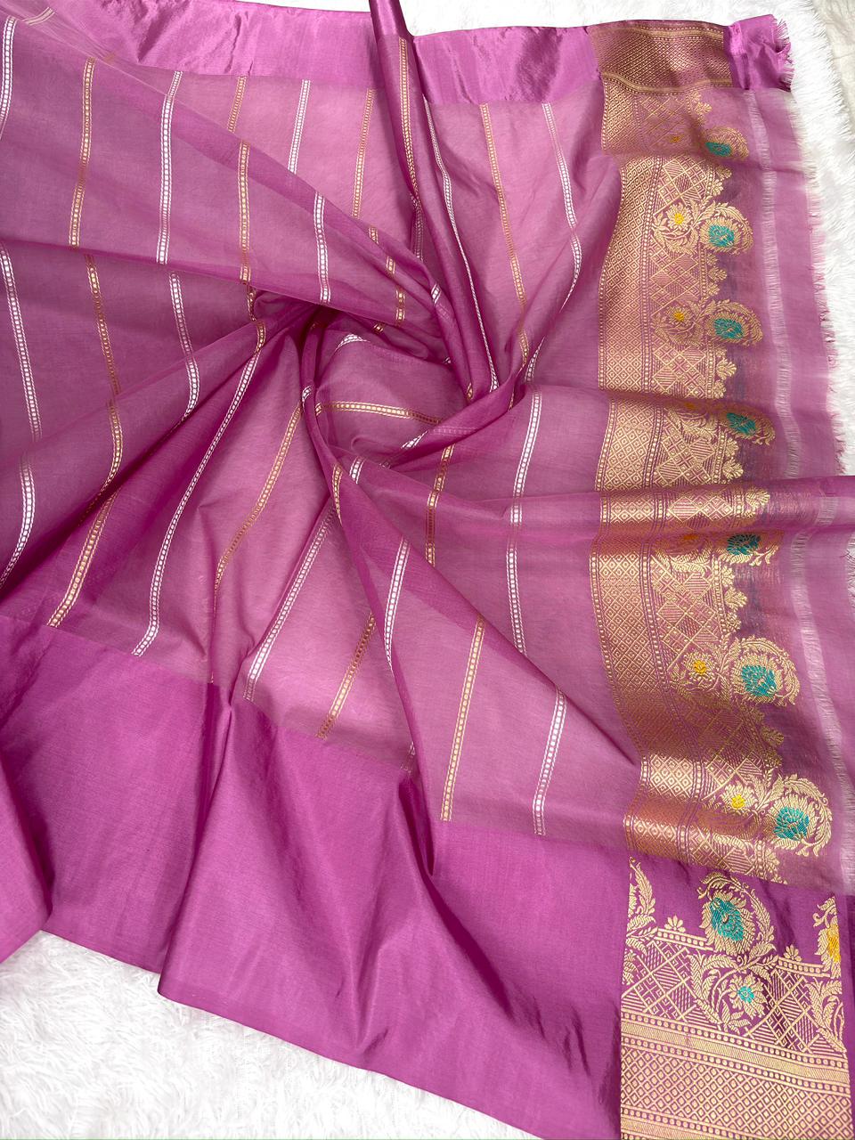 Steel Blue Kora Kadhua Handloom Saree with Royal Purple Zari Border