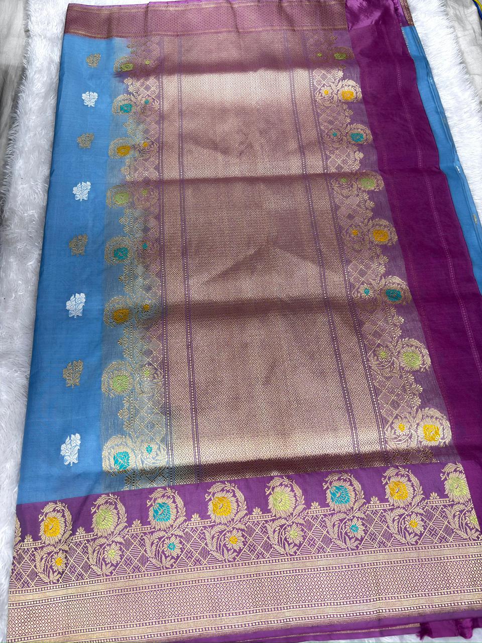 Steel Blue Kora Kadhua Handloom Saree with Royal Purple Zari Border