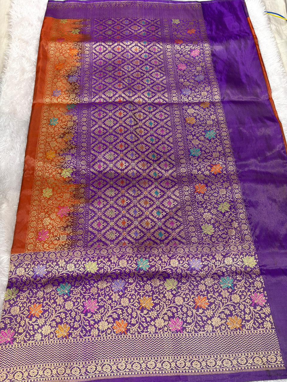 Rust Amber Premium Tissue Kadhua Handloom Saree with Royal Purple Meenakari Border