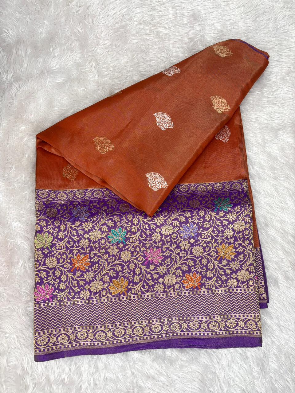 Rust Amber Premium Tissue Kadhua Handloom Saree with Royal Purple Meenakari Border