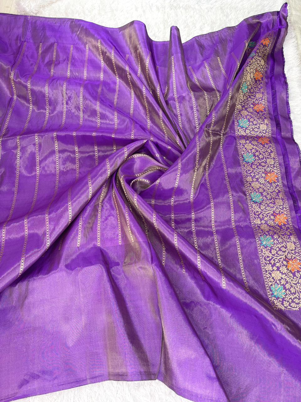 Rust Amber Premium Tissue Kadhua Handloom Saree with Royal Purple Meenakari Border