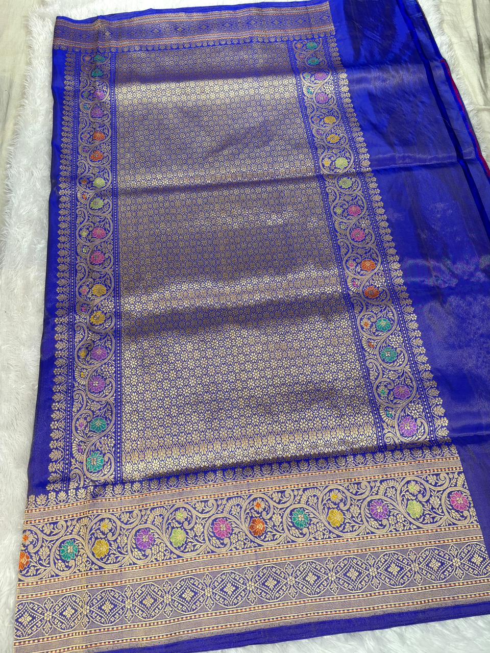 Royal Cobalt Blue Premium Tissue Kadhua Handloom Saree with Multicolor Meenakari Border