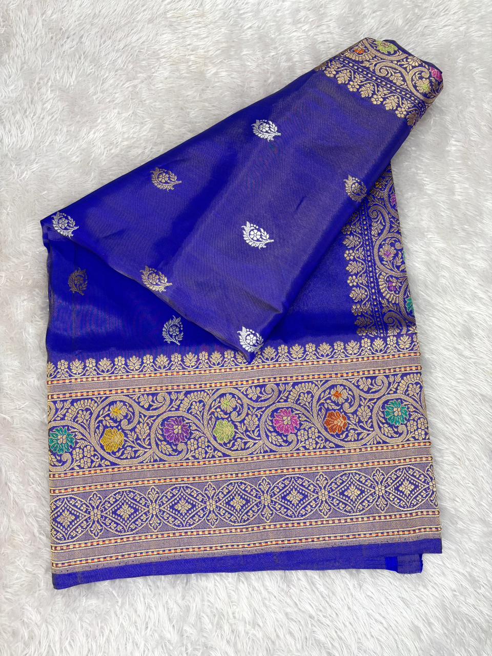 Royal Cobalt Blue Premium Tissue Kadhua Handloom Saree with Multicolor Meenakari Border
