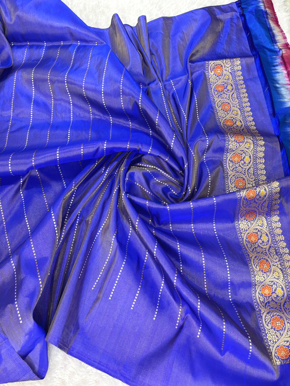Royal Cobalt Blue Premium Tissue Kadhua Handloom Saree with Multicolor Meenakari Border