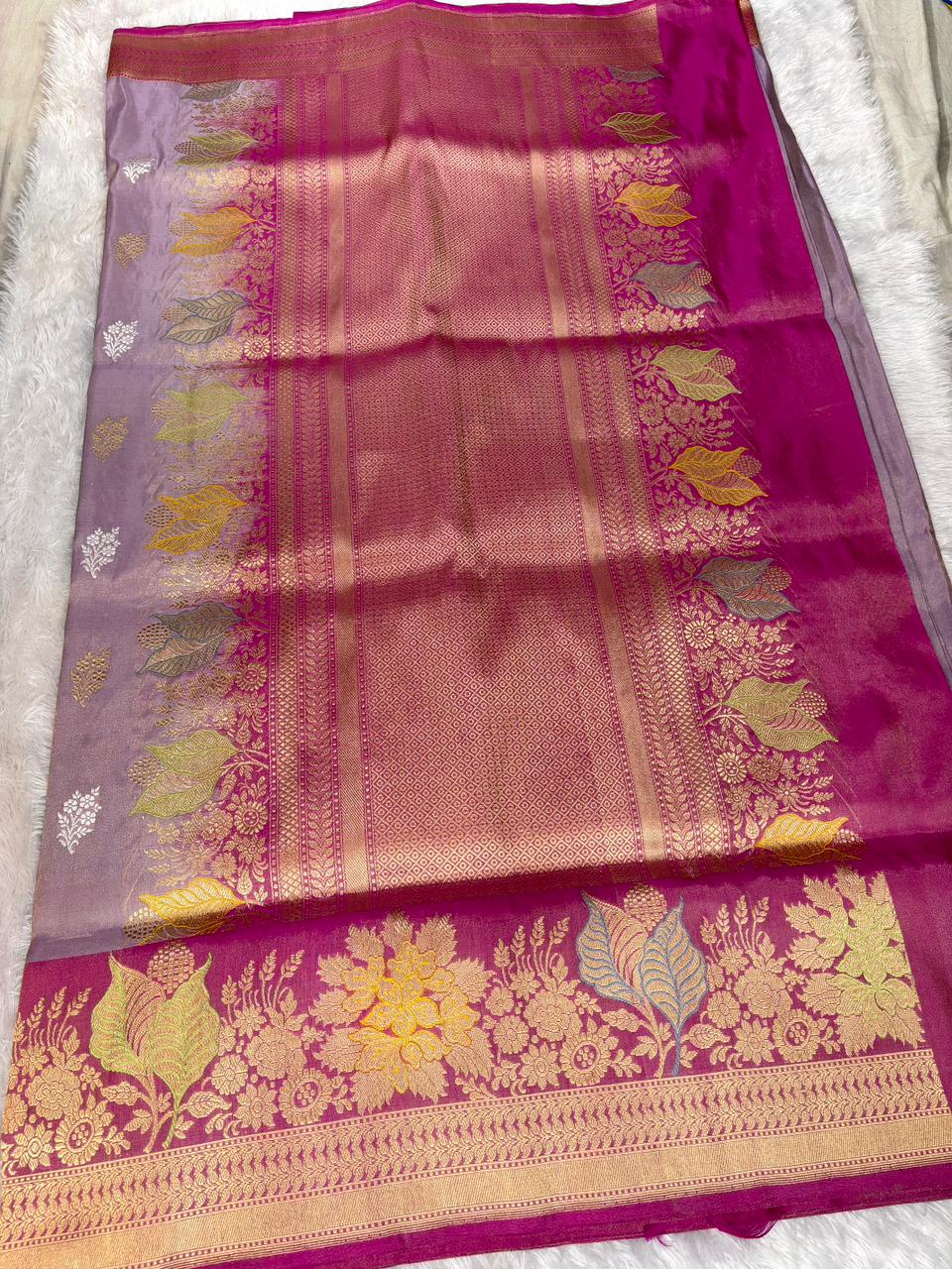 Smoky Lavender Grey Premium Tissue Kadhua Handloom Saree with Magenta Floral Zari Border