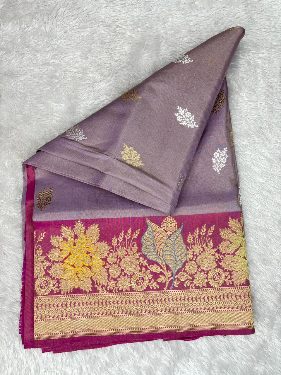 Smoky Lavender Grey Premium Tissue Kadhua Handloom Saree with Magenta Floral Zari Border