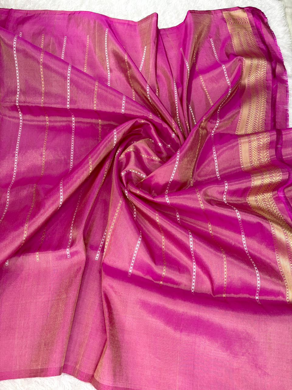 Smoky Lavender Grey Premium Tissue Kadhua Handloom Saree with Magenta Floral Zari Border