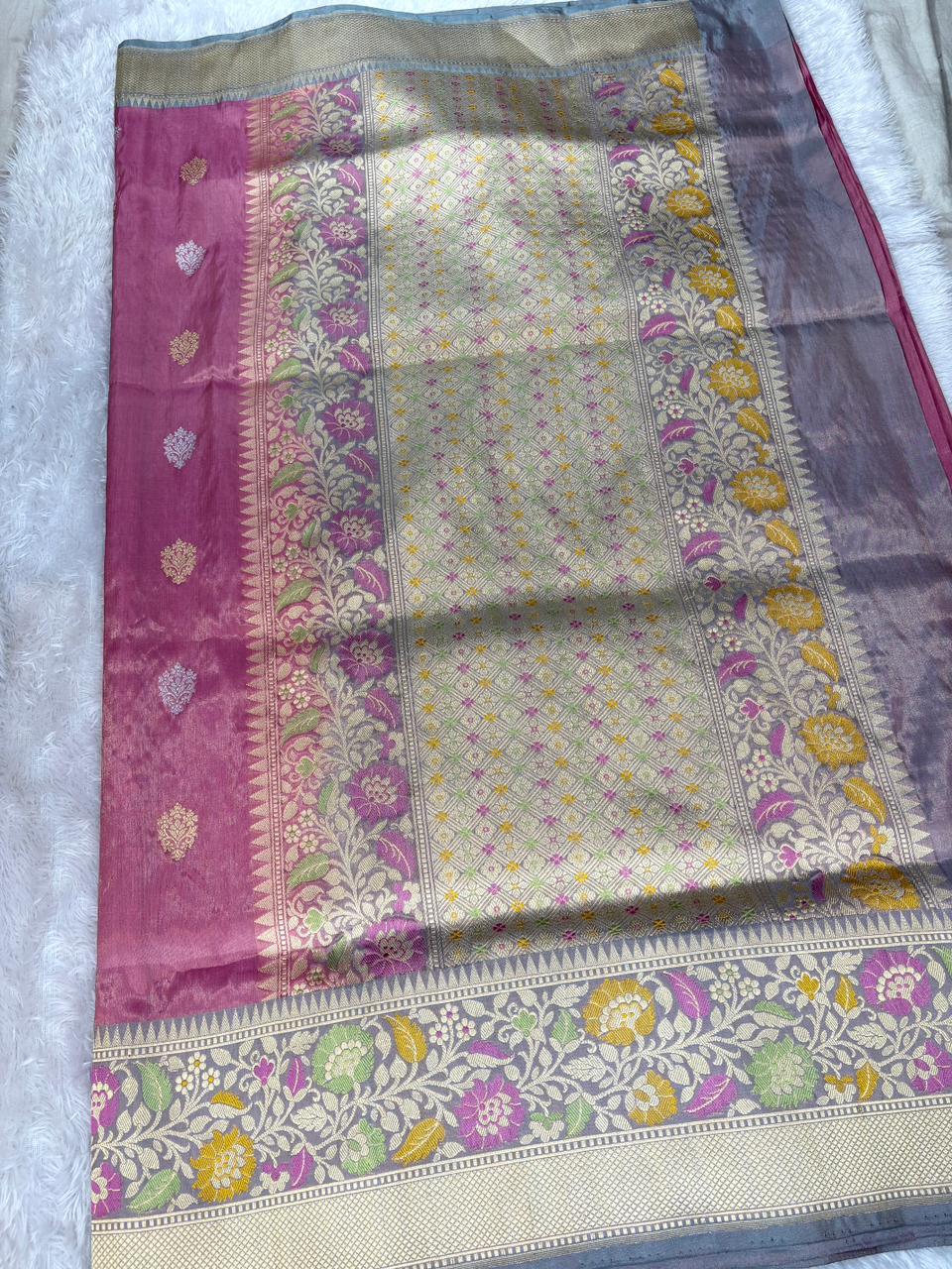 Plum Mauve Premium Tissue Kadhua Handloom Saree with Antique Gold & Multicolor Floral Border