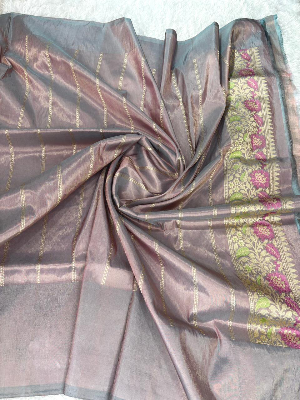 Plum Mauve Premium Tissue Kadhua Handloom Saree with Antique Gold & Multicolor Floral Border