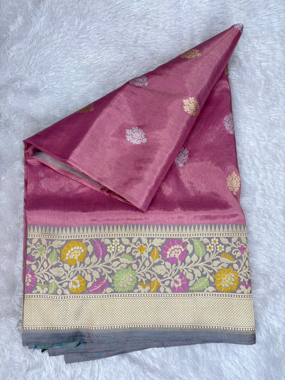 Plum Mauve Premium Tissue Kadhua Handloom Saree with Antique Gold & Multicolor Floral Border