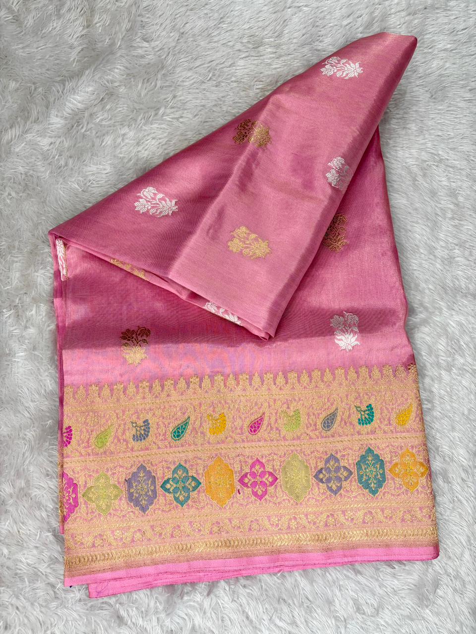 Rose Blush Pink Premium Tissue Kadhua Handloom Saree with Multicolor Meena Border