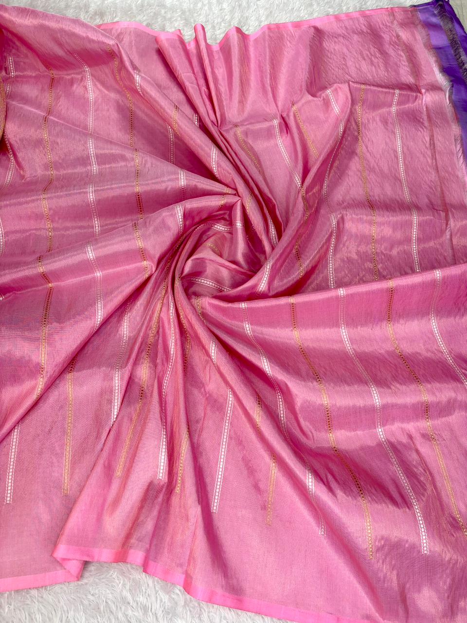 Rose Blush Pink Premium Tissue Kadhua Handloom Saree with Multicolor Meena Border