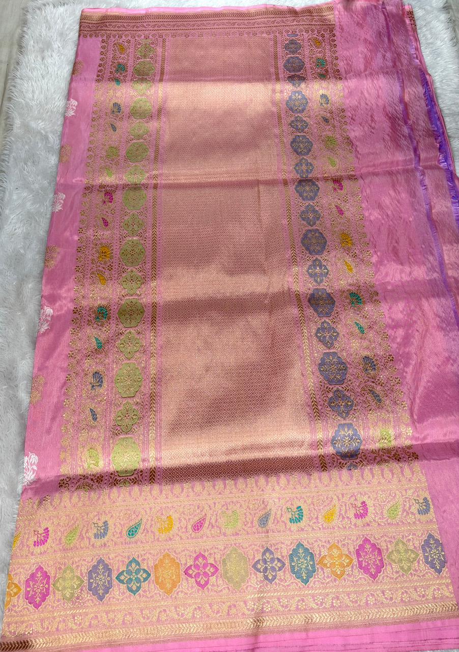 Rose Blush Pink Premium Tissue Kadhua Handloom Saree with Multicolor Meena Border