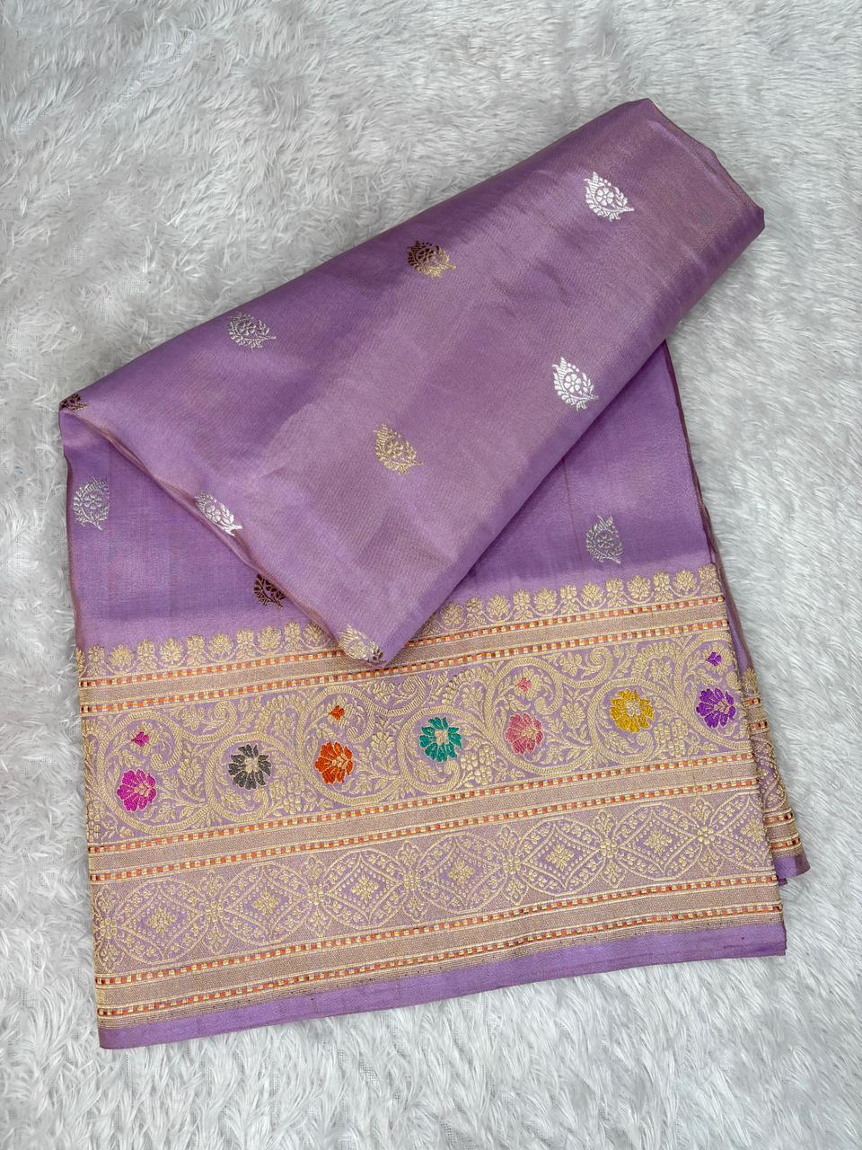 Lavender Heirloom – Premium Tissue Kadhua Handloom Saree with Multicolour Floral Border