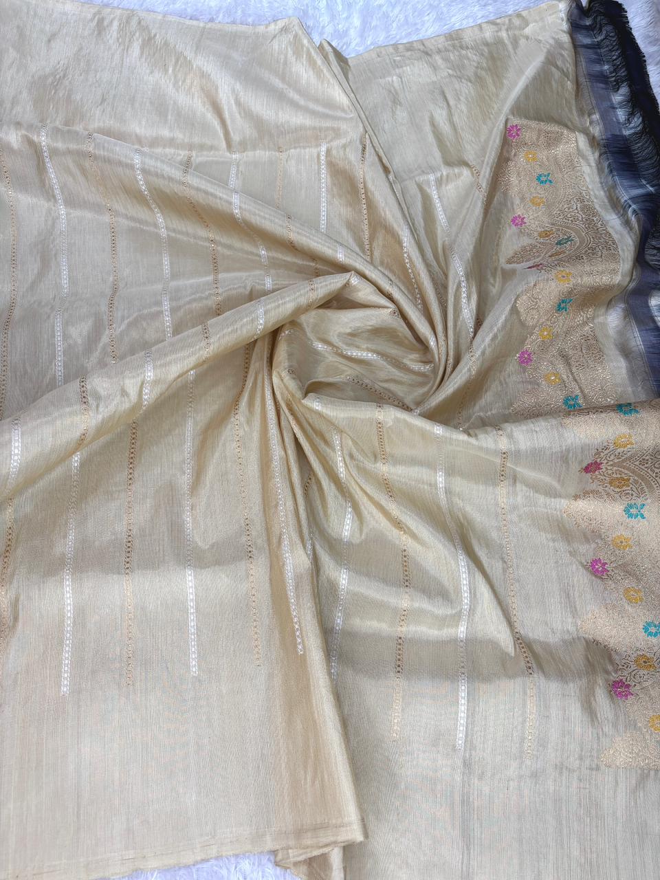 Ivory Champagne Premium Tissue Kadhua Handloom Saree with Pastel Meenakari Border