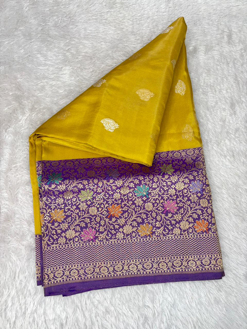 Regal Mustard Gold & Royal Purple Premium Tissue Kadhua Handloom Saree