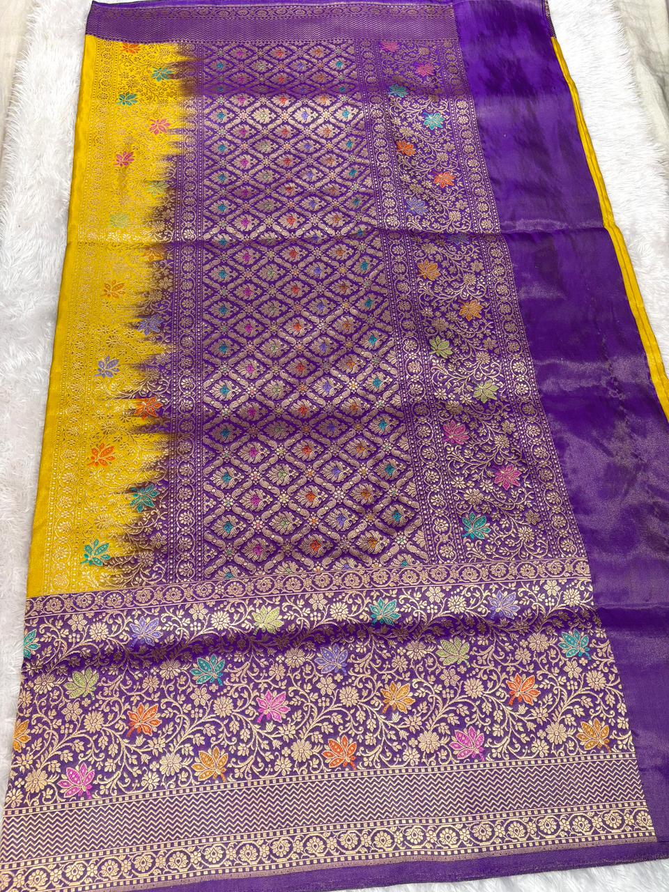 Regal Mustard Gold & Royal Purple Premium Tissue Kadhua Handloom Saree