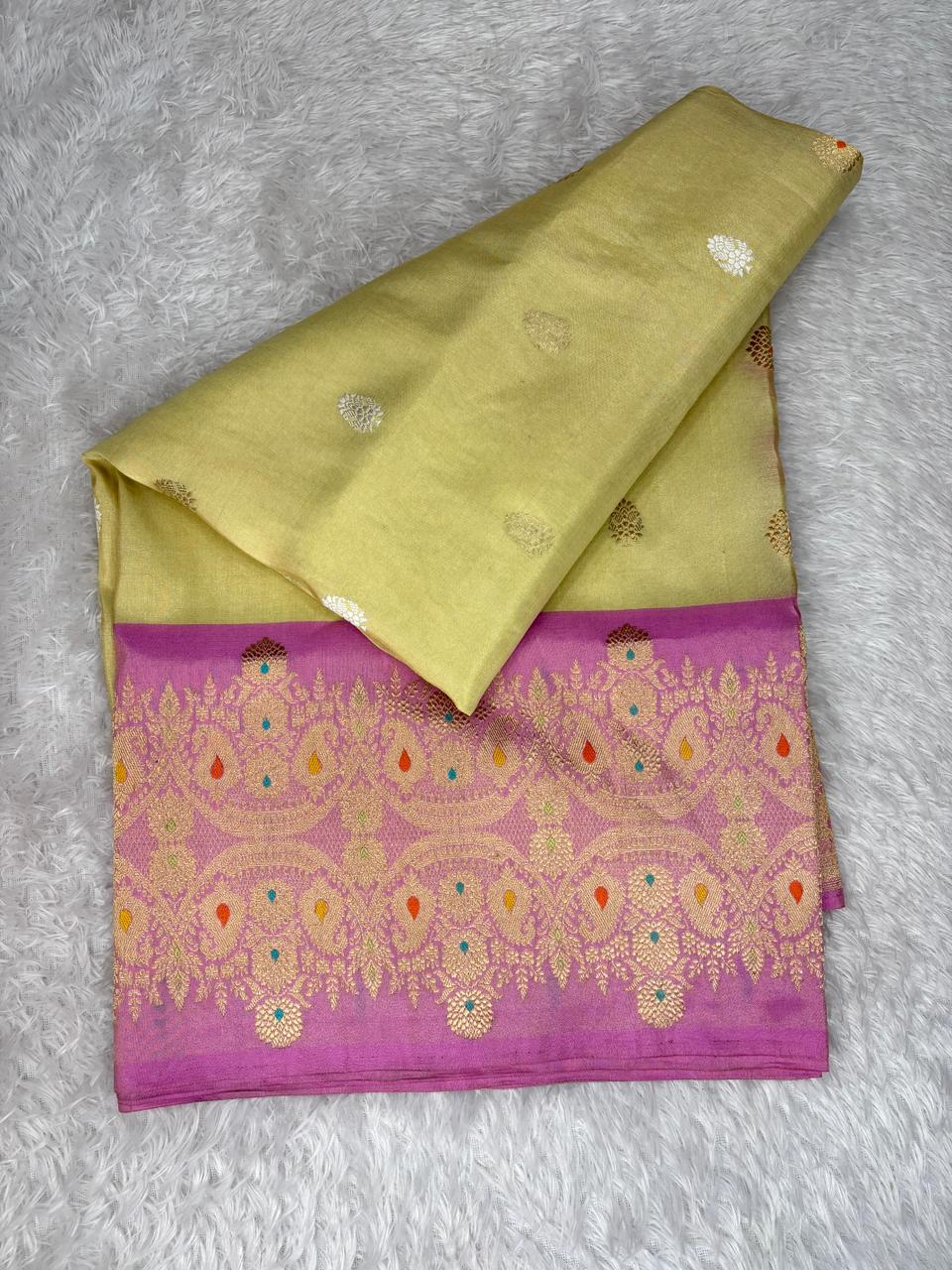 Vintage Olive Gold & Rose Pink Premium Tissue Kadhua Handloom Saree