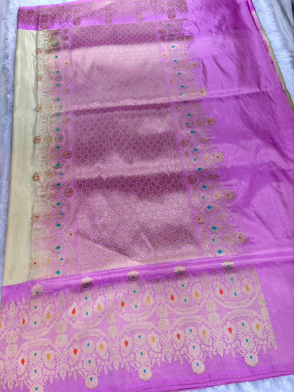 Vintage Olive Gold & Rose Pink Premium Tissue Kadhua Handloom Saree