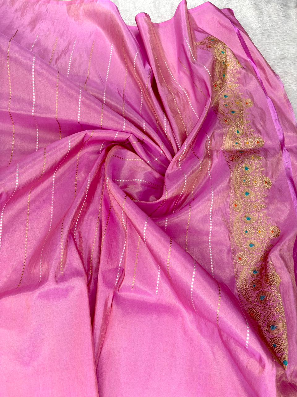 Vintage Olive Gold & Rose Pink Premium Tissue Kadhua Handloom Saree