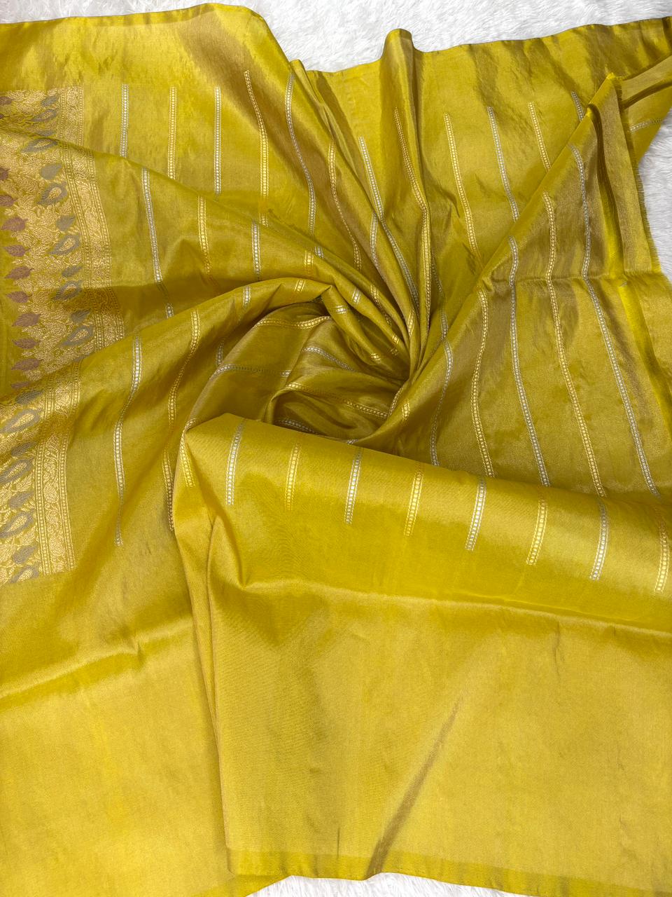 Imperial Olive Gold Premium Tissue Kadhua Handloom Saree with Multicolor Meenakari Border