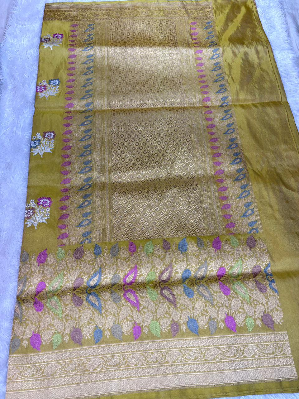 Imperial Olive Gold Premium Tissue Kadhua Handloom Saree with Multicolor Meenakari Border