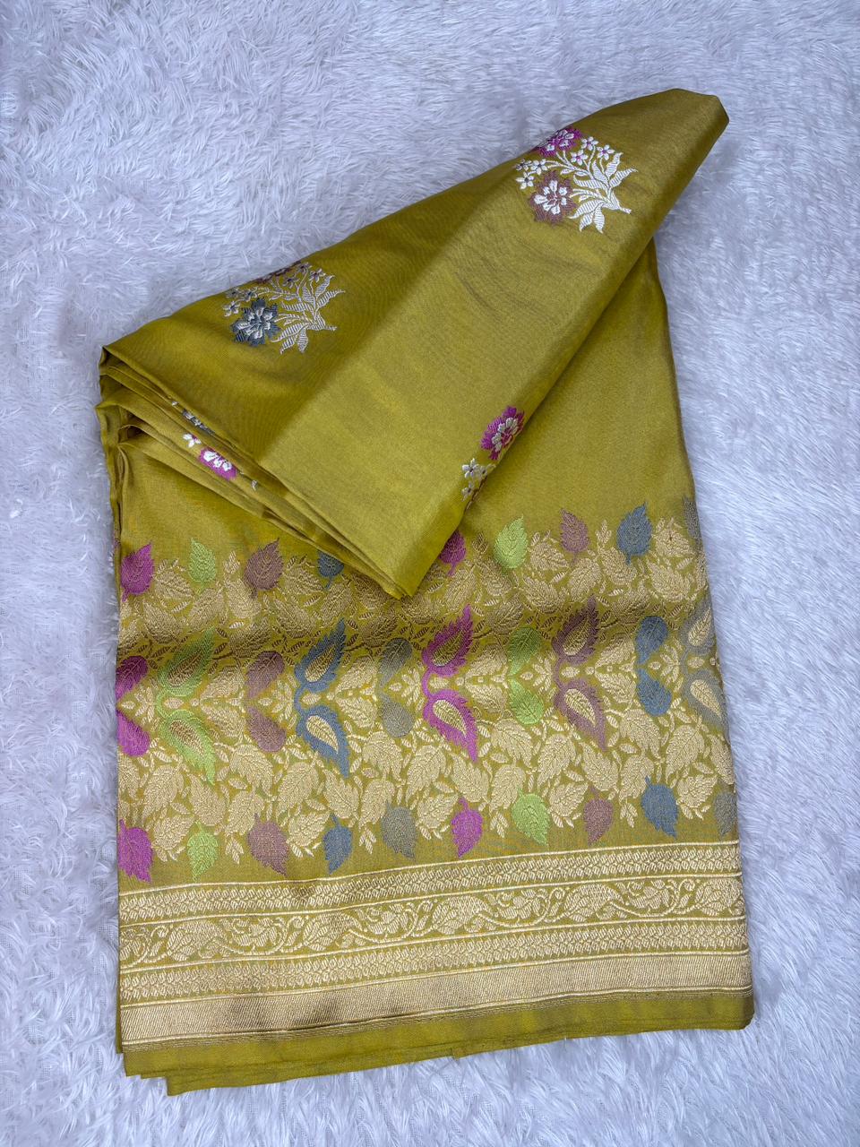 Imperial Olive Gold Premium Tissue Kadhua Handloom Saree with Multicolor Meenakari Border