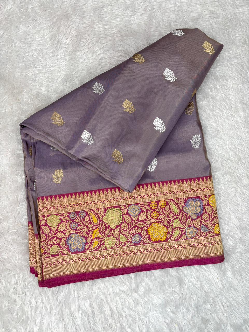 Royal Ash Grey & Magenta Premium Tissue Kadhua Handloom Saree with Meenakari Border