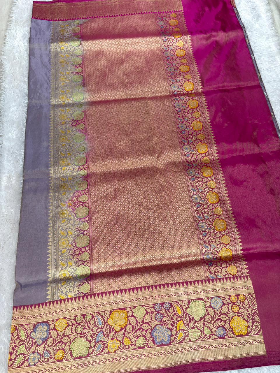 Royal Ash Grey & Magenta Premium Tissue Kadhua Handloom Saree with Meenakari Border