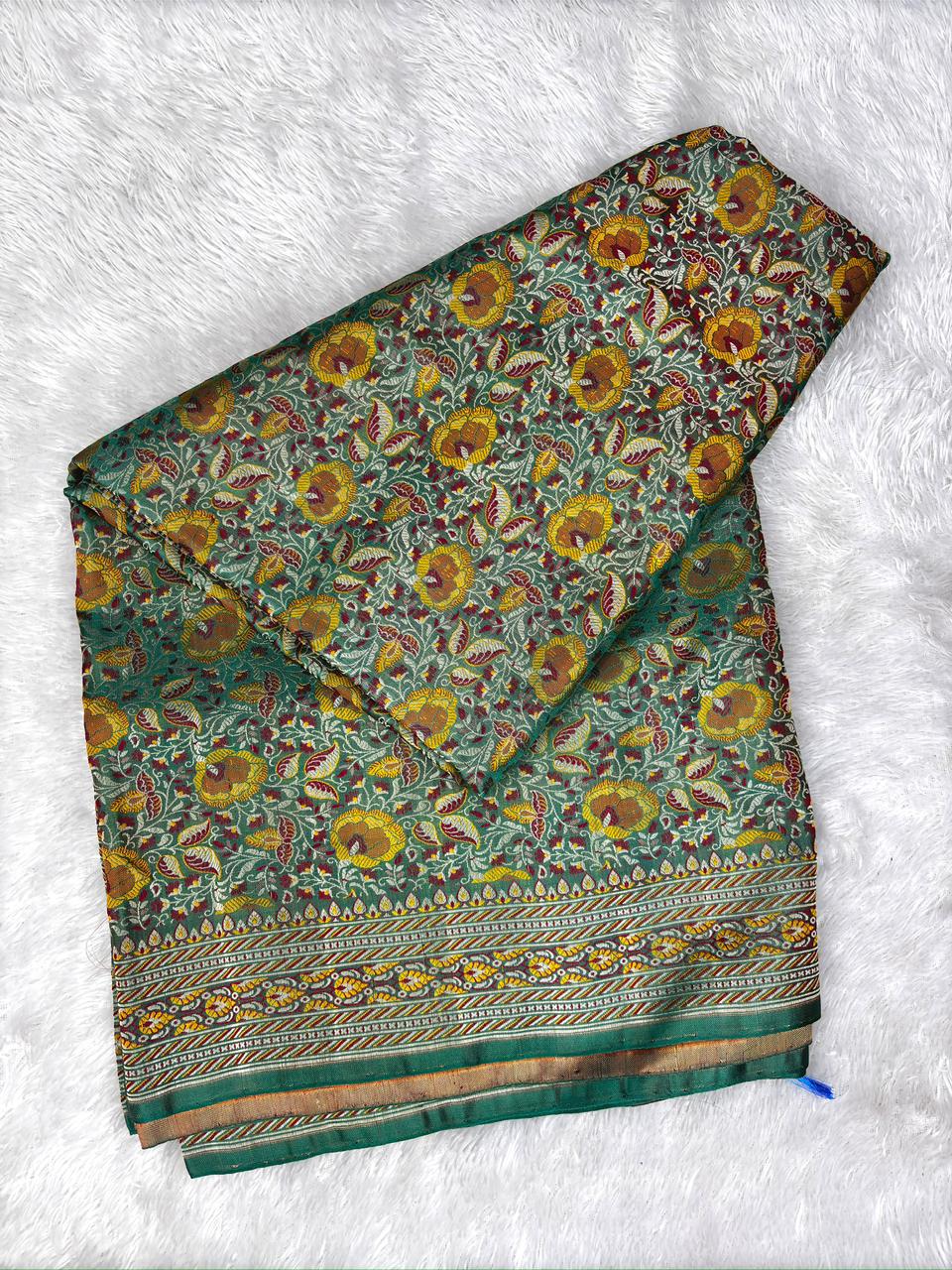 Emerald Green Pure Katan Silk Jamawar Saree with Floral Meenakari Jaal