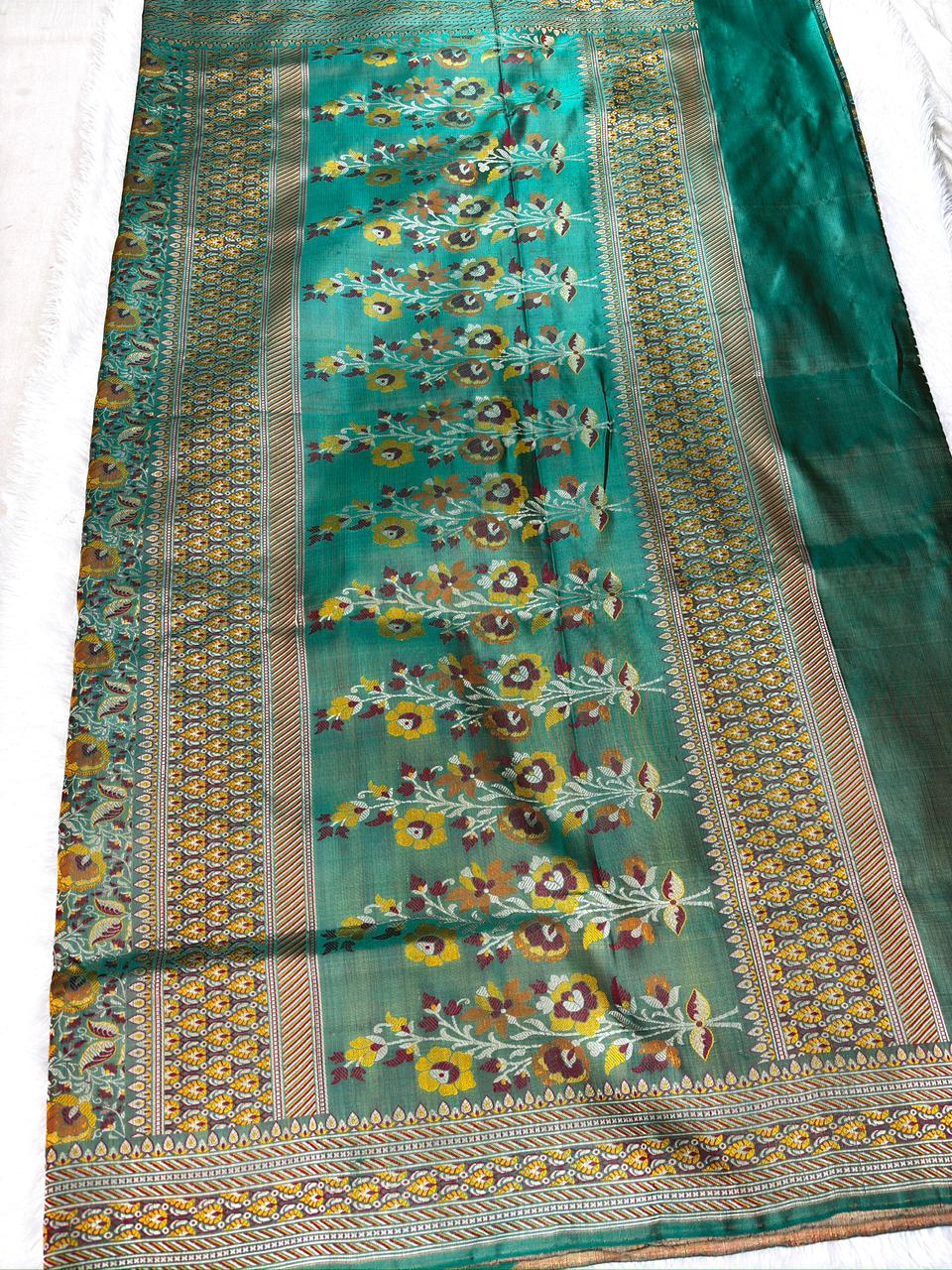 Emerald Green Pure Katan Silk Jamawar Saree with Floral Meenakari Jaal