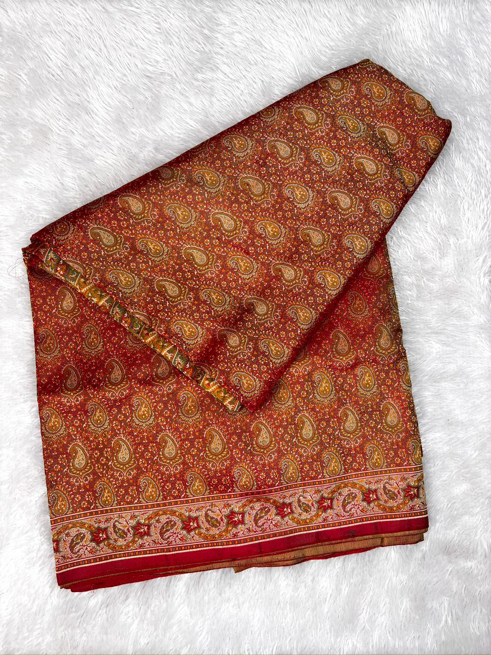 Crimson Red Katan Silk Jamawar Saree with Intricate Pashmina-Style Paisley Motifs