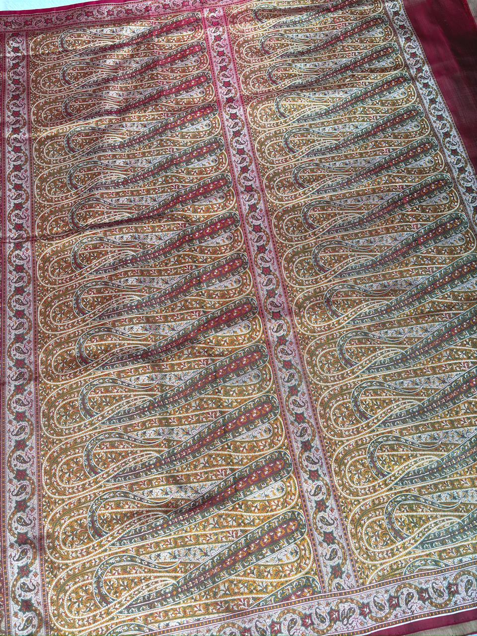 Crimson Red Katan Silk Jamawar Saree with Intricate Pashmina-Style Paisley Motifs